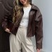 Versatile loose short pilot retro motorcycle style leather jacket for women