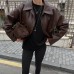 Versatile loose short pilot retro motorcycle style leather jacket for women