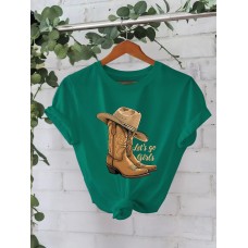 Studded Boots Hat Print Short Sleeve