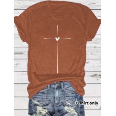 Cross heart printed round neck loose short sleeved shirt