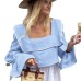 Square collar flared sleeves tied with sweet temperament short cotton top
