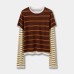 Fashionable Color-Blocking Sleeve Mock Two-Piece Knit Long Sleeve Women's Round Neck Striped Wool Knit Top