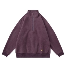 Streetwear Smiley Embroidered Logo Loose Half-Zip Fleece Hoodie