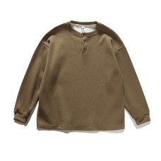 Henley Neck Sweater Loose Casual Waffle Knit Pullover