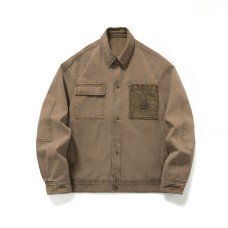 Retro Color-block Pocket Design Loose Turn-down Collar Work Jacket