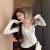 Style V-Neck Lace Spliced T-Shirt for Women, Slim Fit Bodycon Top