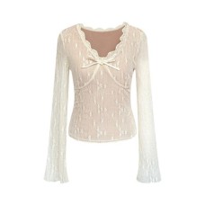 Seductive Lace Top with Bowknot V-Neck, Short Crop, Long Sleeve, Fleece-Lined