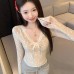 Seductive Lace Top with Bowknot V-Neck, Short Crop, Long Sleeve, Fleece-Lined