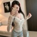 Seductive Lace Top with Bowknot V-Neck, Short Crop, Long Sleeve, Fleece-Lined