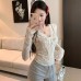 Seductive Lace Top with Bowknot V-Neck, Short Crop, Long Sleeve, Fleece-Lined
