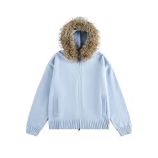 Detachable Fur Collar Loose Hooded Cardigan Sweater