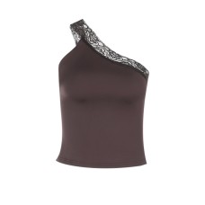 Slant shoulder lace patchwork top for women