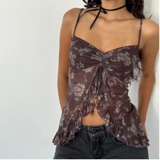 Strap print ruffle edge exposed navel top for women