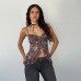 Strap print ruffle edge exposed navel top for women