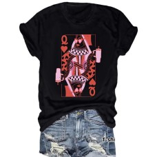 Chess and Card QQ Printed New Round Neck Loose Short Sleeve