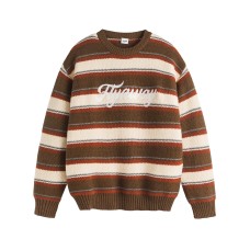 Letter Embroidery Loose Color-block Stripe Crewneck Sweater