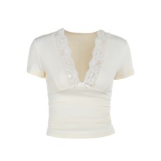 Versatile slim lace V-neck patchwork short sleeved top