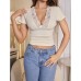 Versatile slim lace V-neck patchwork short sleeved top