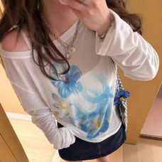 Flower Print Lightweight Loose Semi-Sheer Casual Off-Shoulder Long Sleeve Sun Protection Cover-Up for Women