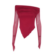 Elegant slim fit slanted shoulder mesh sleeve long sleeved top for women Elegant slim fit slanted shoulder mesh sleeve long sleeved top for women