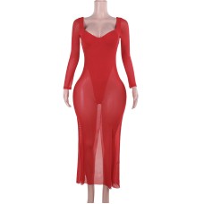Sexy slim fit chest revealing mesh long sleeved dress