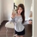 Chic Off-Shoulder Tie-Neck Long Sleeve T-Shirt for Women with Lace Bow, Fitted Cropped Top