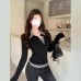 Chic Color-blocked Mock Two-piece Long Sleeve T-shirt with Turn-down Collar, Slim Fit Top