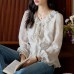 Blue Printed Ruffle Tie-Back Long Sleeve Shirt for Women Vintage Fitted Slim Fit Top