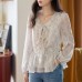 Blue Printed Ruffle Tie-Back Long Sleeve Shirt for Women Vintage Fitted Slim Fit Top