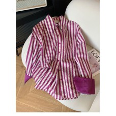 Purple Striped Collar Shirt for Women, Versatile Vintage Elegant Top