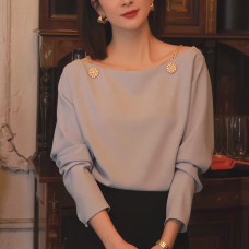 Elegant One-Shoulder Metal Chain Design Long Sleeve T-Shirt Women's Top