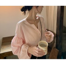 Strawberry Special~ Handmade Linen Cotton Small V-Neck Forked Gathered Two-Button Lantern Sleeve Shirt