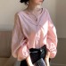 Strawberry Special~ Handmade Linen Cotton Small V-Neck Forked Gathered Two-Button Lantern Sleeve Shirt