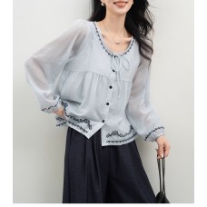 Heart Signal Blue Shirt Women Long Sleeve Embroidered Tie-Up Blouse Peter Pan Collar Top