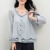 Heart Signal Blue Shirt Women Long Sleeve Embroidered Tie-Up Blouse Peter Pan Collar Top