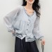 Heart Signal Blue Shirt Women Long Sleeve Embroidered Tie-Up Blouse Peter Pan Collar Top