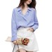 Vertical Stripe Long Sleeve Turn-down Collar Button-down Blue
