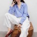 Vertical Stripe Long Sleeve Turn-down Collar Button-down Blue