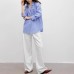 Vertical Stripe Long Sleeve Turn-down Collar Button-down Blue