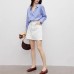Vertical Stripe Long Sleeve Turn-down Collar Button-down Blue