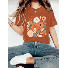 Plant flower pattern printed round neck short sleeved shirt