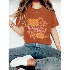 Plant flower pattern printed round neck short sleeved shirt