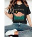 Landscape pattern printed round neck short sleeved shirt