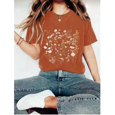 Plant flower pattern printed round neck short sleeved shirt