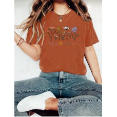 Plant flower pattern printed round neck short sleeved shirt