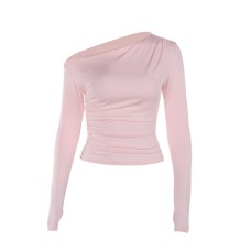 Casual versatile slanted shoulder slim fit long sleeved top for women
