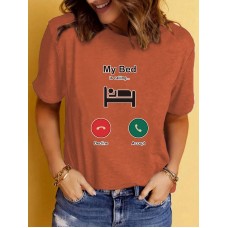 My bed call reminder pattern printed round neck short sleeved shirt