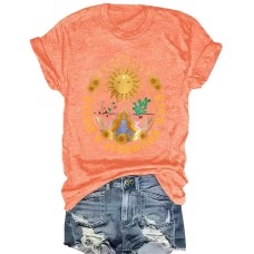 Sun Sunflower Pattern Printed Round Neck Short Sleeve