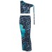 Printed diagonal shoulder strap slim fit top low waist long skirt set