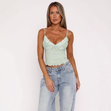 Lace patchwork solid color suspender V-neck slimming T-shirt